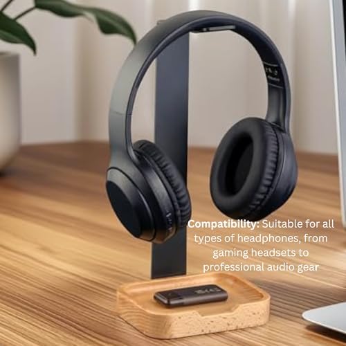 Wooden Headphone Stand – Elegant Desk Organizer for Gamers & Professionals – Premium Solid Wood Headset Holder with Non-Slip Base – Durable, Space-Efficient Design for All Headphone Styles – Tangle-Free Solution to Optimize Your Work Environment