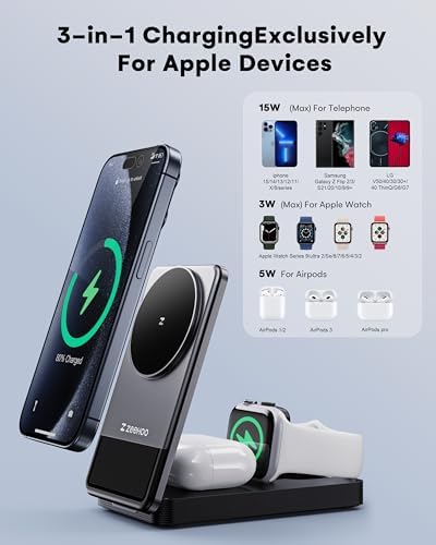 ZEEHOO 3-in-1 Portable Fast Wireless Charging Station – Foldable Mag Safe-Compatible Charger for i Phone 16/15/14/13/12, Air Pods & Apple Watch – Ultimate Convenience for Efficient Power Management and Travel Ready Design