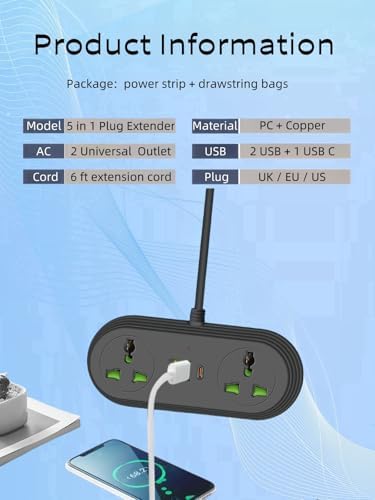 Universal Travel Power Strip Adapter with Dual AC Outlets & 3 USB Ports (1 USB-C) – COOFINE 6 ft International Charging Solution for Seamless Connectivity on Global Adventures, Portable Storage Bag Included for Easy Transport and Travel Convenience