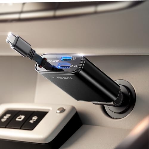 LISEN 57 W USB-C Retractable Car Charger – Ultra-Compact Fast Charging Solution for i Phone 16/15 Pro Max & Samsung Galaxy S25/24 – 75% Space-Saving Design with Enhanced Compatibility for All Android Devices – Tangle-Free Convenience for On-the-Go Power