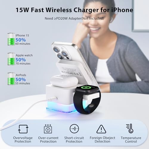 3-in-1 Magnetic Wireless Charging Station with Nightlight – Foldable Apple Charging Dock for i Phone 16/15/14/13/12, Air Pods & Apple Watch – 15 W Fast Charging Station in Sleek White Design (No Adapter) – Ultimate Portable Solution for Clutter-Free Charging