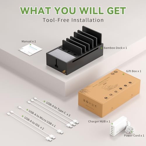 Pezin & Hulin Premium Cable Management Box – Multi-Device Charging Station with 5-Port Adapter & 6 Versatile Cables – Elegant Natural & Black Design for Seamless Organization and Clutter-Free Living – Ideal for Home Offices and Modern Spaces