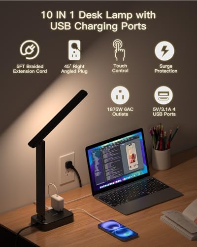 Transform Your Workspace with the One Beat Multifunctional Desk Lamp: 6 AC Outlets & 4 USB Ports (Including 2 USB-C) for Effortless Charging, 4 Color Modes & 5 Brightness Levels for Eye-Caring Illumination – Perfect for Home Office, College Dorm, and Essential Room Decor (White)