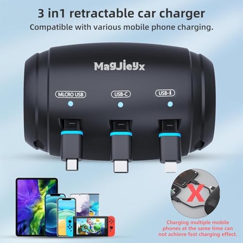 Innovative 3-in-1 Retractable Car Charging Station – Fast Headrest Dock for i Phone 16/15/14, i Pad, Android & Samsung – Ultimate Multi-Device Charger for Rideshare Drivers – Tidy Power Solution for Backseat Passengers – Enhanced Compatibility & Fast Charging Efficiency