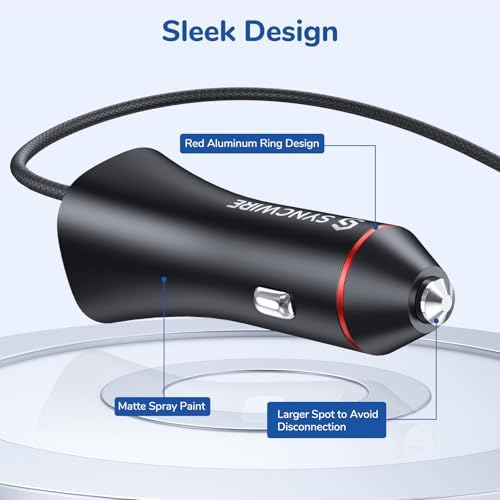 Rapid Charge Your Apple Devices with Syncwire MFi Certified 32 W Car Charger featuring Built-in 5 FT Coiled Lightning Cable – Ultimate Fast Charging Solution for i Phone 14/13/12/11/XR/Max and i Pad – Compact and Travel-Ready USB Adapter for Hassle-Free Power On-The-Go