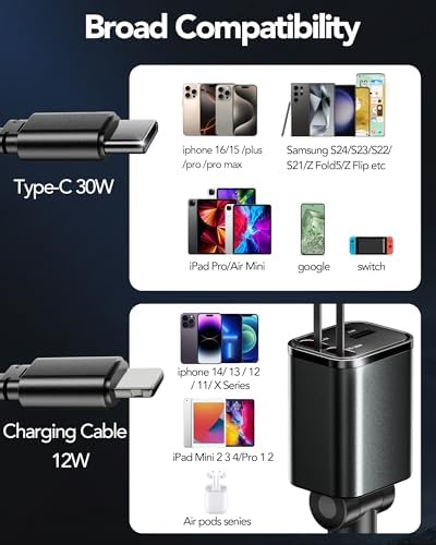 Ultimate 3-in-1 Retractable Car Charger – 50 W Fast Charging Solution with Type C Cable & USB Port for i Phone 16/15/14/13/12/11, Galaxy & Pixel Devices – Tangle-Free Convenience for On-the-Go Power Management