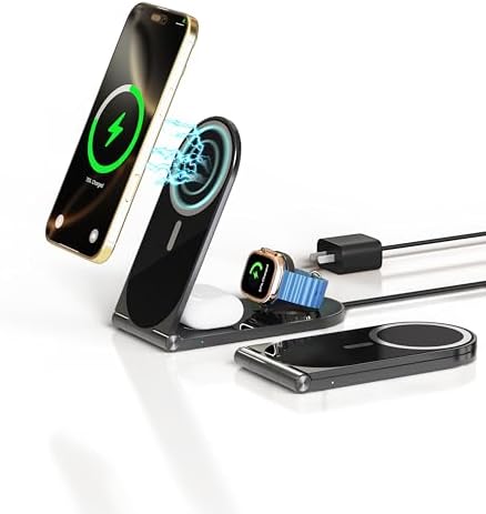Ultimate 3-in-1 Wireless Charging Station – Foldable Travel Charger for i Phone 16/15/14/13/12, Air Pods & Apple Watch – 20 W Fast Magnetic Charger Stand with Enhanced Mag Safe Compatibility for On-the-Go Convenience