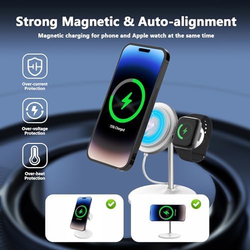 Mag Safe 2-in-1 Wireless Charging Station for i Phone and Apple Watch – Portable 15 W Fast Charger with Detachable Design, Foldable Travel Pad for i Phone 12-16 Series – Sleek Black Finish for Enhanced Compatibility and Efficient Power Boosts