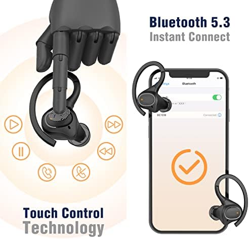 Compact Bluetooth Sport Earbuds for Small Ears – IPX7 Waterproof Wireless Earphones with Advanced Noise Cancellation, 24-Hour Playtime, and Integrated Microphone – Perfectly Engineered for Active Lifestyles in Sleek Black (BE1039)