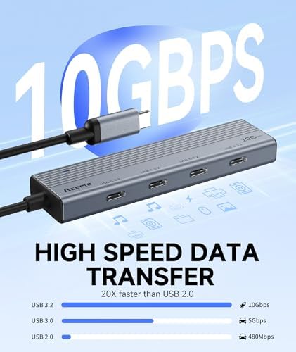 Revolutionize Your Connectivity with the Aceele 10 Gbps USB C Hub Splitter – Ultimate 4-Port Adapter Featuring Dual USB-A 3.2 & USB-C 3.2 for Mac Book Pro, i Mac, i Pad – High-Efficiency 100 W Power Delivery Charging – Seamless Device Integration for Swift File Transfers and Enhanced Productivity