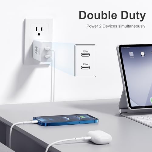 45 W Dual USB-C Fast Charger with 10 FT Cable for i Phone 16 & Galaxy S25 – Rapid Charging Solution for i Pad Pro/Air, Compact & Portable Power Block, Enhanced Device Compatibility