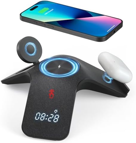 YLF 5-in-1 Fast Wireless Charging Station with Bluetooth Clock – Multi-Device Charger for Samsung Galaxy S23 Ultra/S23/S22/S21 – Sleek LED Display & Enhanced Speed for a Clutter-Free Workspace
