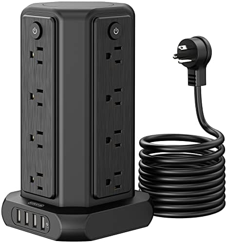 NTONPOWER 16-Outlet Surge Protector Tower with 4 USB Charging Ports – Advanced Desktop Power Strip with Individual Switches, 5 ft Extension Cord, and 1080 J Surge Protection for Home Office & Dorm Room Efficiency – Space-Saving & Safe Power Solution