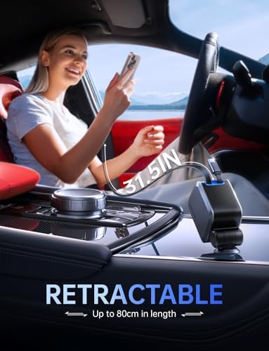 Revolutionary 72 W Retractable USB-C Car Charger – Dual Port Fast Charging Solution for i Phone 16/15/14/13/12 & Samsung Devices, 4 FT Tangle-Free Cables, Sleek Warm Grey Design for Ultimate Convenience and Organization