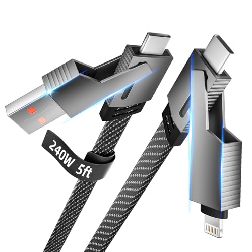 Versatile 4-in-1 USB C Multi Charging Cable – Durable Nylon Braided Fast Charger with Dual Type C Adapters, Micro USB, and Lightning Connectors for i Phone 16/15 Series and More – 5 FT Length for Optimal Convenience – 2 Pack for Enhanced Compatibility and Efficiency