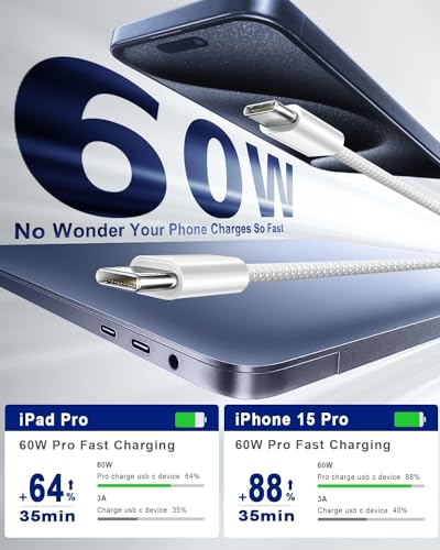 Power Up Your Devices: 20 W Fast Charging Duo Kit for i Phone 16 & 15 – Includes Two 6 FT Woven Type-C Cables for Enhanced Durability and Versatility – Perfect for i Pad Pro & Air Pods – Experience Rapid Charging with Unmatched Portability and Reliability