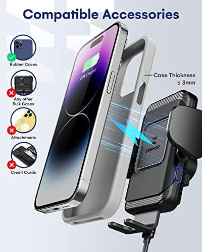 Zee Hoo 15 W Fast Wireless Car Charger with Auto-Clamp Mount – Effortless Qi Charging for i Phone 14/13/12 Mini/11 Pro Max & Samsung Galaxy S22/S21 – Multi-Position Holder for Windshield & Air Vent with 45 W QC3.0 Adapter for Enhanced Power Efficiency and Secure Usage