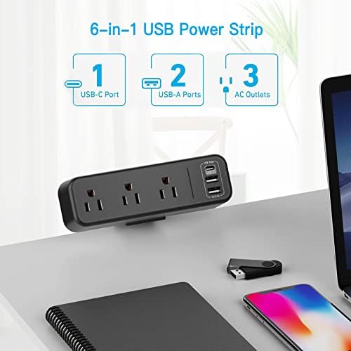 Premium Desk Clamp Power Strip with USB C – 3 Outlet Extension Cord for Streamlined Workspaces, 6.5 ft Thin Cable, Space-Saving Flat Plug Design for Easy Mounting on 1.6 inch Desktops – Fast Charge Capability for Modern Devices