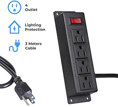 Revolutionize Your Workspace with the Wall Mount Power Outlet Strip – 4 Outlet Power Hub with On/Off Switch, 3 ft Cord for Under Desk Organization, Sleek Flat Plug Design in Black – Ideal for Home, Office, and Industrial Use, Enhanced Device Compatibility and Efficient Cable Management