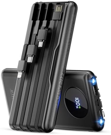 Ultra-Fast Portable Charger with Built-In Cables & LED Display – 10000 m Ah Power Bank for Multiple Devices, 22.5 W Super Speed Charging, Slim Design for Travel & Emergency Use – Compatible with i Phone 16/15/14/13/12, Samsung Galaxy, Google Pixel & More (Purple) – Ultimate Convenience & Safety Features