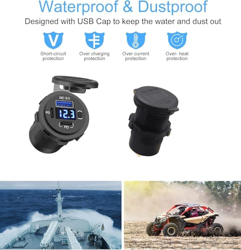 High-Performance 12 V Dual USB Car Charger with Quick Charge 3.0 and USB-C Port – Compact Voltmeter & Power Switch for Enhanced Safety in Cars, Boats, and Trucks – 2 Pack for Fast and Versatile Charging Solutions