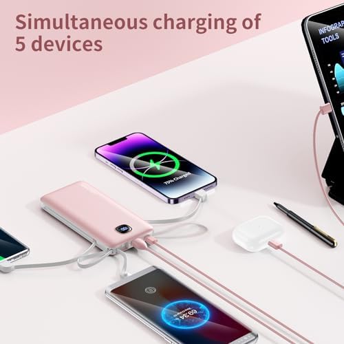 Ultra-Slim 10000 m Ah Fast Charging Power Bank with Built-In Cables & AC Plug – Versatile 5 Output USB-C Portable Charger for i Phones, Samsung, Android & More – Perfect for Travel & On-the-Go Power Solutions