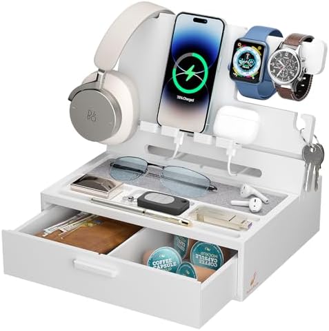 Pezin & Hulin Wooden Charging Station, Bedside Nightstand Tray, with Spacious Drawer, Felt Pads for Phones, Watch, Idea Gifts for Him Birthday, Son, Christmas for Papa Fathers Day – Enhanced Compatibility and Speed