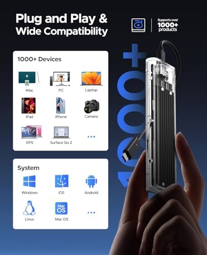 ORICO Transparent M.2 NVMe SSD Enclosure – Ultra-Fast USB 3.2 Gen 2 Adapter for PCI-E M-Key SSDs (2280/2260/2242/2230) – Lightweight and Durable External Solid State Drive Case with Tool-Free Setup and USB Type-C Support for Seamless Data Transfer