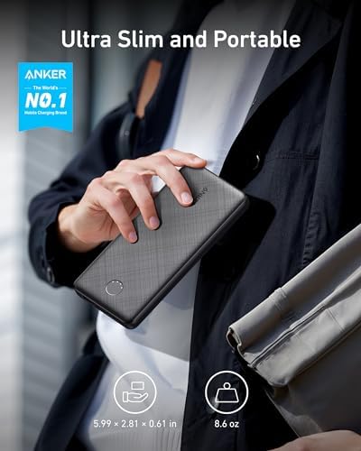 Anker Power Core 10 K Portable Charger – Ultra-Compact 10,000 m Ah Power Bank with Fast USB-C Charging and Power IQ Technology for i Phone, i Pad, and More – Lightweight Travel Essential for On-the-Go Power Solutions