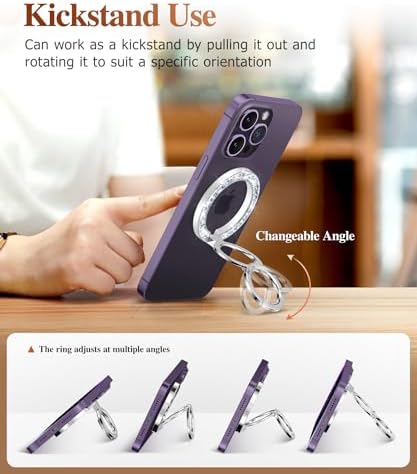 GVIEWIN Magnetic Phone Ring Holder, Compatible with MagSafe Phone Grip with Adjustable Stand, Magnet Phone Ring Kickstand for iPhone 16 Pro Max/Plus/15/14/13/12 Series/Other Phones (Purple) – Enhanced Compatibility and Speed