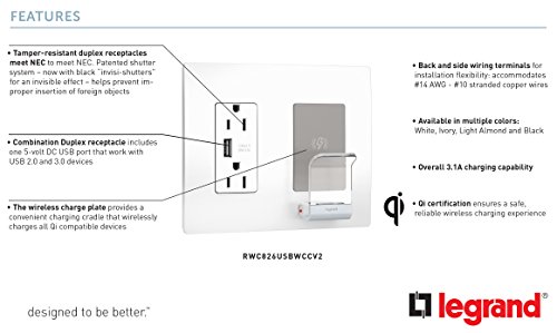 Legrand Radiant RWC826 Premium Wireless USB Charger – Qi-Certified Fast Charging Hub with 15 Amp Tamper-Resistant Outlets & Type A USB Port – Sleek White Design for Effortless Device Powering in Home & Office Environments