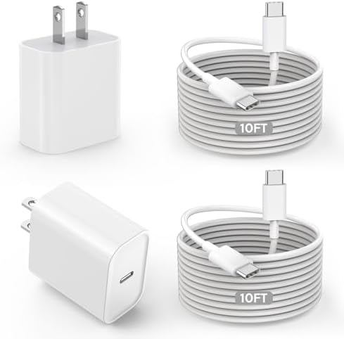 Dual 20 W PD Fast Charging Kit for Apple Devices – High-Speed Charging Solution with Extra Long 10 ft USB-C Cables – Ideal for i Phone 16, i Pad Pro, and Air – Portable and Efficient Dual Wall Plugs for Effortless Power Delivery