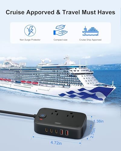 Cruise-Approved Travel Power Strip – 5 USB Ports (Including 2 USB-C) and 2 Outlets for Efficient Multi-Device Charging, 40 W Compact Travel Charger with 5 Ft Flat Plug Extension Cord, Eco-Friendly Green Design for Hassle-Free Connectivity on the Go