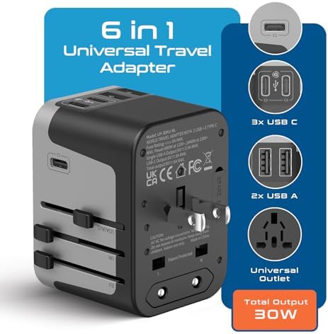Global Travel Power Adapter – Ceptics 6-in-1 Charger with Dual USB-A & Triple USB-C Ports for Lightning-Fast Charging – Universal Compatibility for USA, EU, UK & AUS Electronics – Ideal for Smartphones, Laptops & Cameras – UP-30 KU-BL for Efficient Multi-Device Charging Solutions