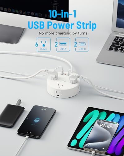 Yozisital PD 20 W 2 Prong Power Strip with 10 FT Extension Cord – 6 Outlets & 4 USB Ports (2 USB-C) for Rapid Charging, 180° Rotating Plug, Surge Protection – Perfect Solution for Older Homes with Limited Outlets
