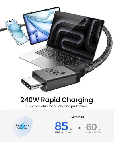 Silkland USB4 Thunderbolt 4 Cable – Ultra-Fast 40 Gbps Data Transfer, 240 W Rapid Charging, 8 K@60 Hz Video Output, 1 FT Compact Design – Perfect for i Phone 16, Mac Book, e GPU, and More – Unmatched Performance for Modern Connectivity