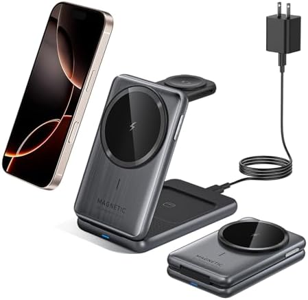 Sleek 3-in-1 Foldable Wireless Charger for i Phone with Mag Safe Compatibility – Ultra-Fast Charging Station for i Phone, Apple Watch & Air Pods – Perfect Travel Companion for Tidy Power Solutions