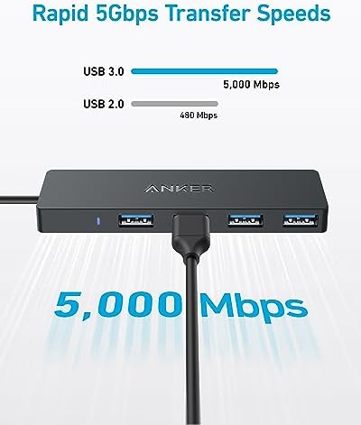 Anker Ultra-Slim 4-Port USB 3.0 Hub – Lightning-Fast 5 Gbps Data Transfer for Mac Book, i Mac, and Surface – Compact 0.7 ft Design for On-The-Go Professionals – Enhance Your Workspace with Effortless Connectivity and Seamless Device Integration
