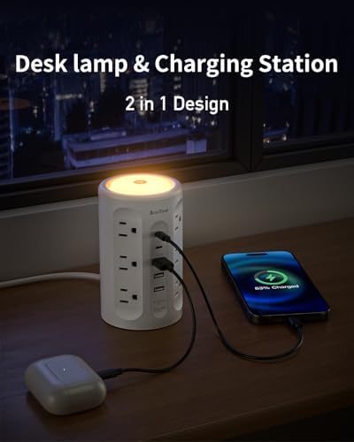 Smart Power Strip Tower with Integrated Night Light & Surge Protection – 10 FT Extension Cord Featuring 12 AC Outlets, 3 USB-A and 2 USB-C Ports for Home Office & Dorm Room Convenience – Sleek Black Design for Enhanced Versatility and Clutter-Free Organization