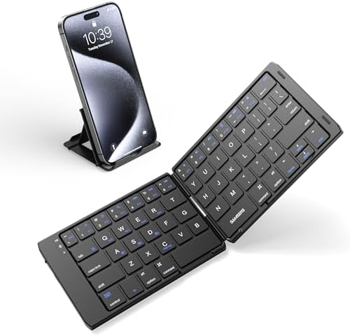 Samsers Portable Foldable Bluetooth Keyboard with Phone Holder – Rechargeable Multi-Device Compatible Wireless Keyboard for i Pad, i Phone, Mac Book, Android & Windows – Ideal Travel Companion for Efficient Typing