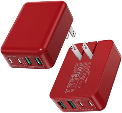 Ultra-Fast Charging 2-Pack: Foldable 40 W USB-C Wall Adapter with 4 Ports – Sleek Christmas Red Multi-Port Charger for i Phone 16, Samsung, Pixel & Tablets – Compact Power Solution for Home and Travel