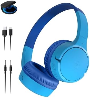 Belkin Sound Form Mini Wireless Bluetooth Headphones for Kids – Safe 85 d B Volume Limiting, 30-Hour Battery Life, Lightweight On-Ear Design with Built-in Microphone – Ideal for School, Travel, and Home Use – Stylish Blue for Young Listeners, Compatible with i Phone, i Pad, Fire Tablet and More