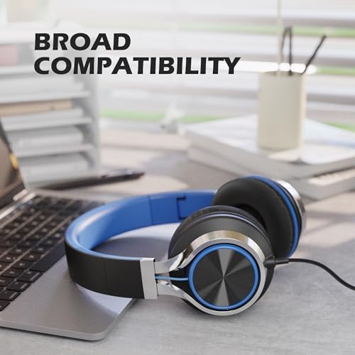 Premium AILIHEN C8 Kids Wired Headphones – Foldable On-Ear Design with Adjustable Volume Control and Built-In Microphone for Safe Listening – Perfect for School, Travel, and Home Use (Black/Blue) – Exceptional Sound Quality for Young Audiophiles and Learning Environments