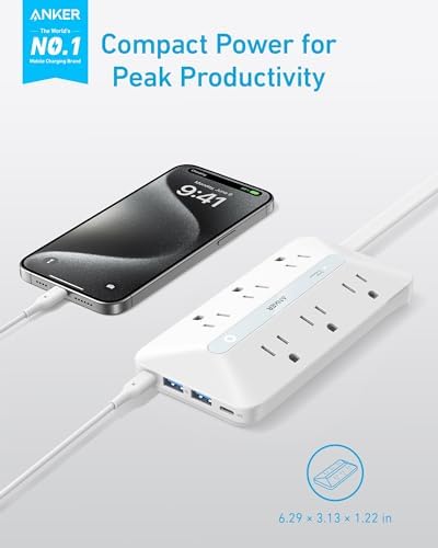 Anker Ultra-Thin 10-in-1 Power Strip with 300 J Surge Protection & USB Charging Hub – 6 AC Outlets, 2 USB-A, 2 USB-C Ports, 5-Foot Extension Cord for Home Office, College Dorm, and Workspaces – Space-Saving Desk Charging Station