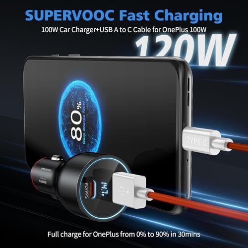 High-Performance Car Charger for One Plus Devices – Super VOOC 120 W & 100 W Fast Charging Adapter with 65 W Warp Charger, USB-C Compatibility, 3.3 FT Cable, LED Display for Real-Time Monitoring – Perfect for One Plus 13, 12, Nord Series & More