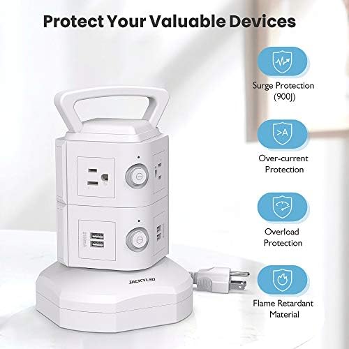 JACKYLED Power Strip Tower Surge Protector with 12 Outlets and 6 USB Ports (2 USB-C) – High-Speed Charging Station with 1050 Joules Protection, 1625 Watts, 6.5 ft Extension Cord for Enhanced Home Office Efficiency and Device Safety