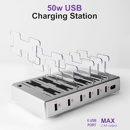 GARUET 6-Port USB Charging Station – Fast Multi-Device Charger Hub with 6 Mixed Cables for i Phones, i Pads, and More – Sleek Design, Enhanced Compatibility, and Intelligent Safety Features for Efficient Power Management