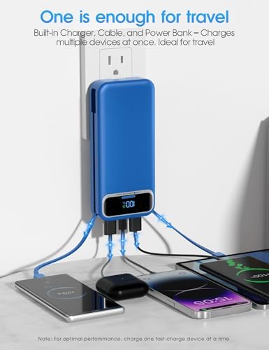 Ultra-Compact 12000 m Ah Power Bank with Built-in Charging Cables & AC Plug – 20 W PD Fast Charging for i Phone, Samsung, Android, USB-C Devices – Travel-Friendly External Battery Pack in Purple – Unmatched Portability and Efficiency for On-the-Go Charging Solutions