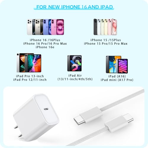 Ultra-Fast 6 FT USB-C to Type-C Charger Cable for i Phone 16/15 Pro Max – 20 W Power Adapter Included – Durable Woven Design for i Pad Pro/Air/Mini – Reliable Long Charging Solution for Maximum Efficiency and Convenience