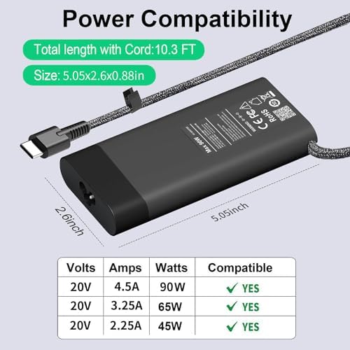 Ultra-Slim 90 W USB-C Laptop Charger for HP Spectre, Envy, Elite Book & Chromebook – Versatile Power Adapter with 11 ft Cable for Enhanced Speed and Compatibility Across Models – Ideal for Spectre x360, Elite x2, Pro Book & More – Reliable Type-C Fast Charging Solution with Multiple Voltage Outputs